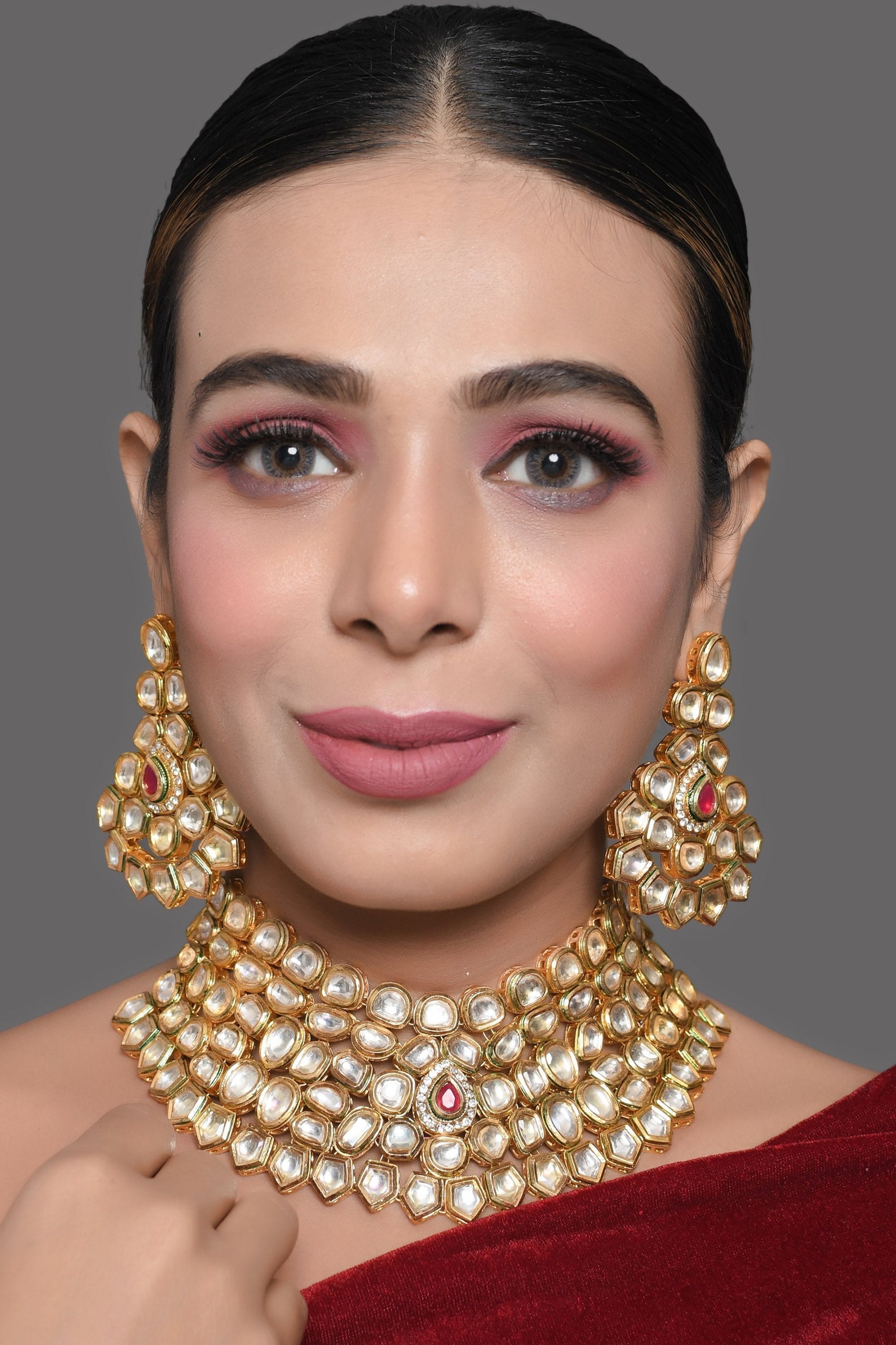 Peryl Women Gold Toned Kundan Necklace With Earrings(2 Pc Set) - Grab2buy