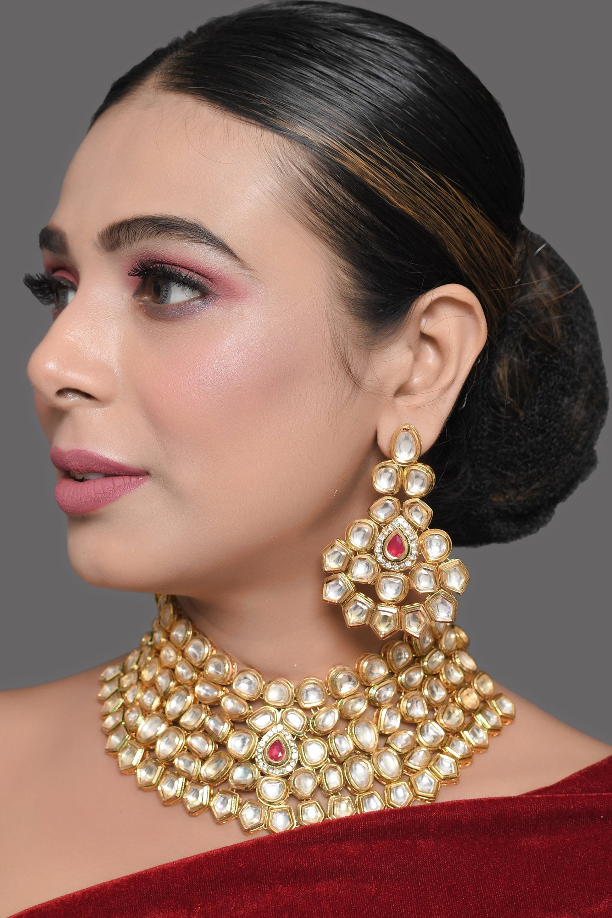 Peryl Women Gold Toned Kundan Necklace With Earrings(2 Pc Set) - Grab2buy