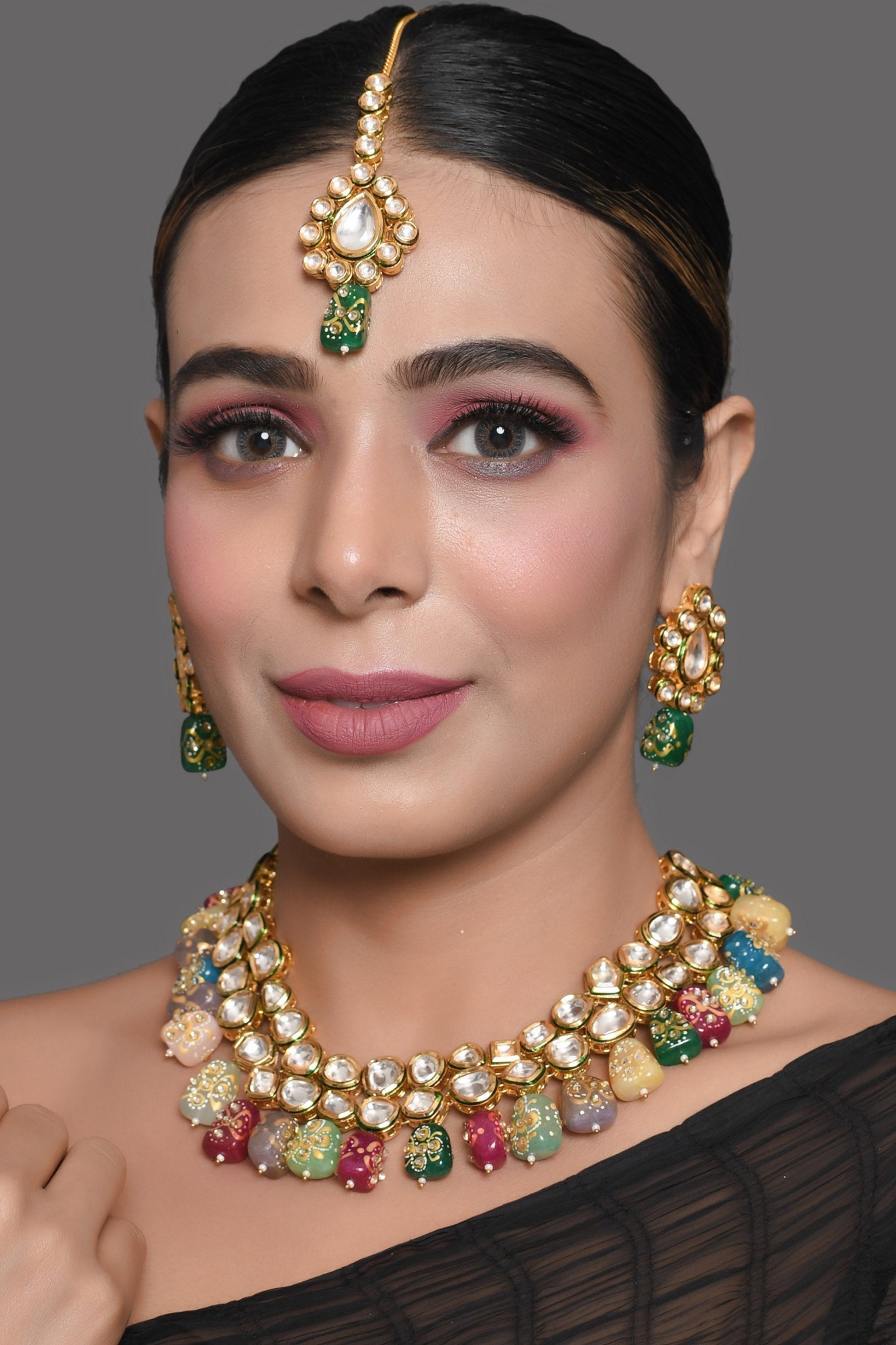 Peryl Women's Gold Toned Multicolored Beaded Kundan Necklace Teamed With Matching Earrings & Mang Tika - Grab2buy