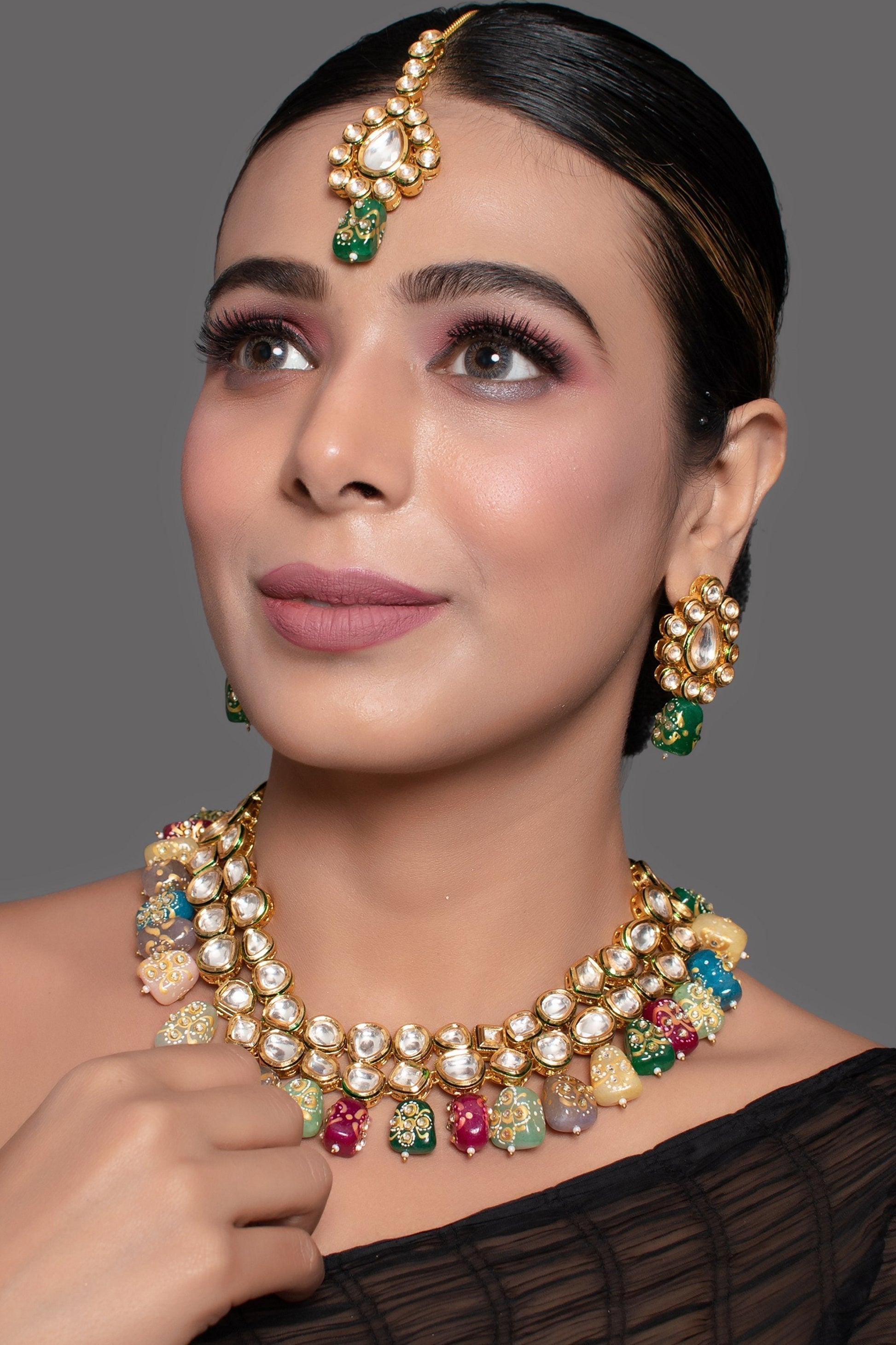 Peryl Women's Gold Toned Multicolored Beaded Kundan Necklace Teamed With Matching Earrings & Mang Tika - Grab2buy