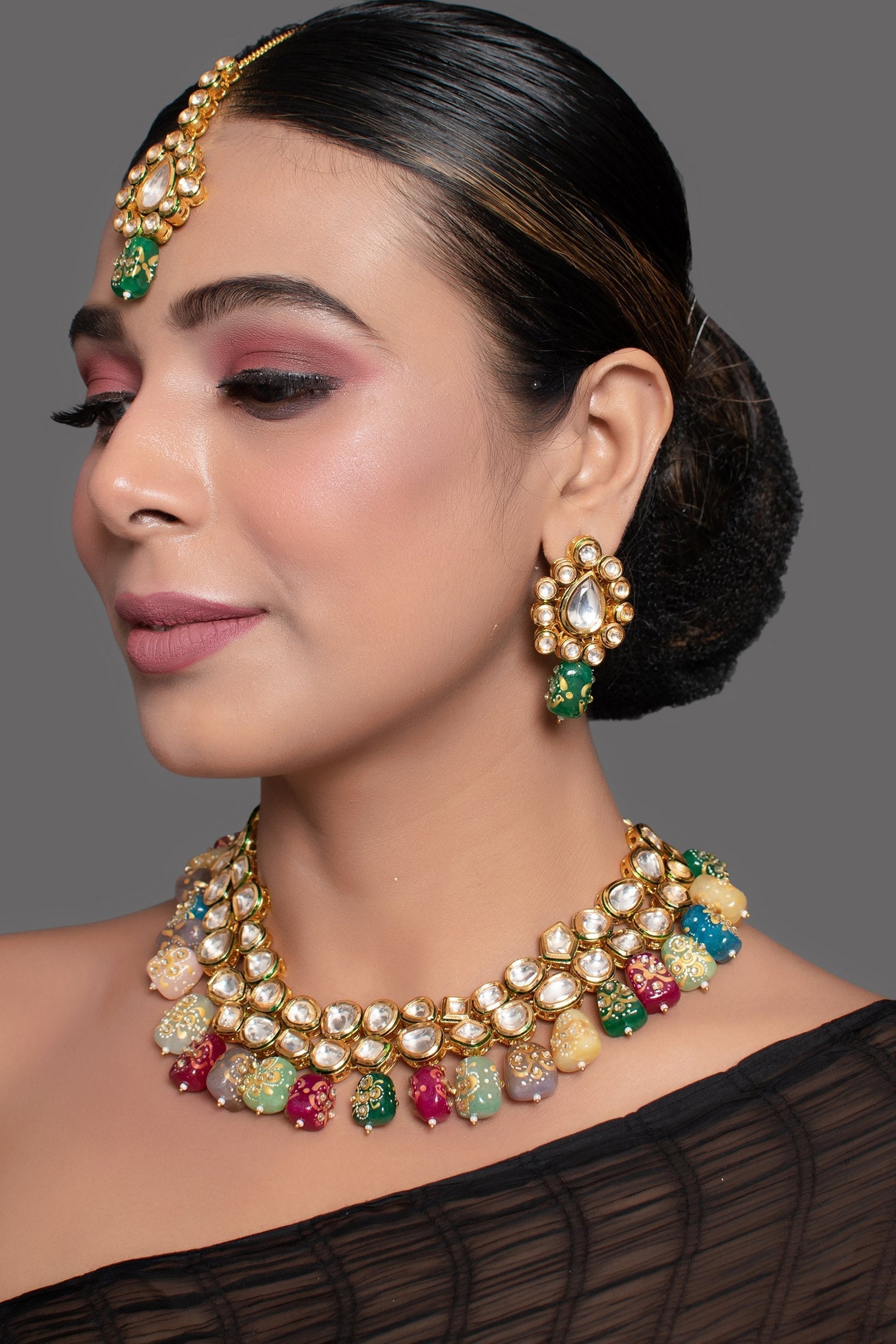 Peryl Women's Gold Toned Multicolored Beaded Kundan Necklace Teamed With Matching Earrings & Mang Tika - Grab2buy