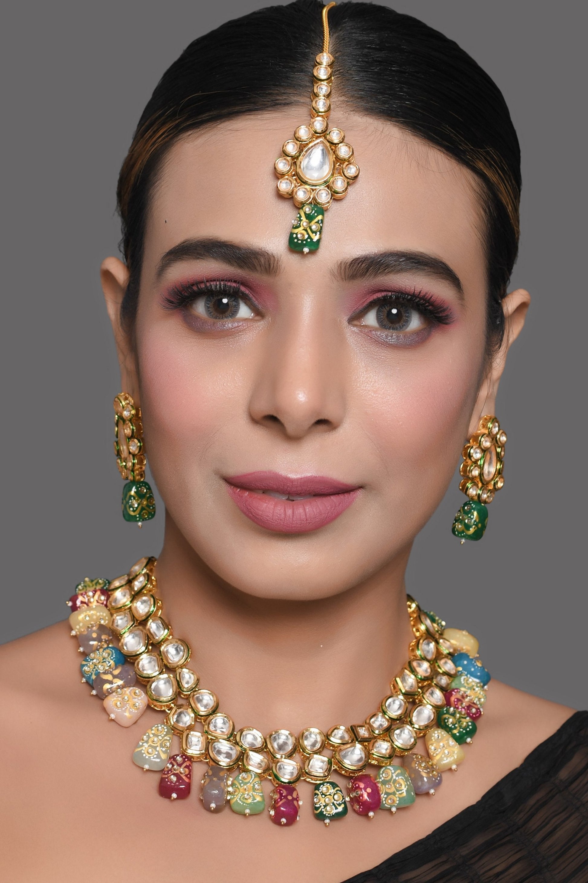Peryl Women's Gold Toned Multicolored Beaded Kundan Necklace Teamed With Matching Earrings & Mang Tika - Grab2buy