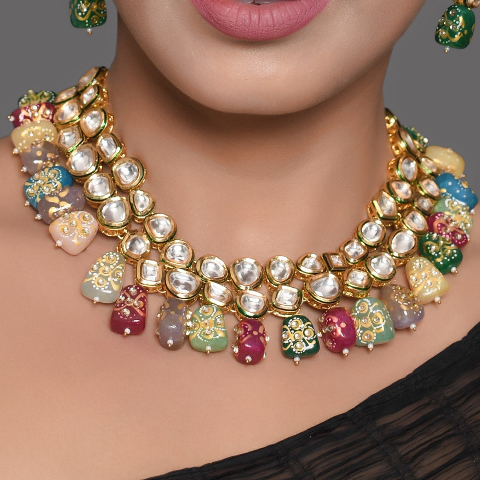 Peryl Women's Gold Toned Multicolored Beaded Kundan Necklace Teamed With Matching Earrings & Mang Tika - Grab2buy