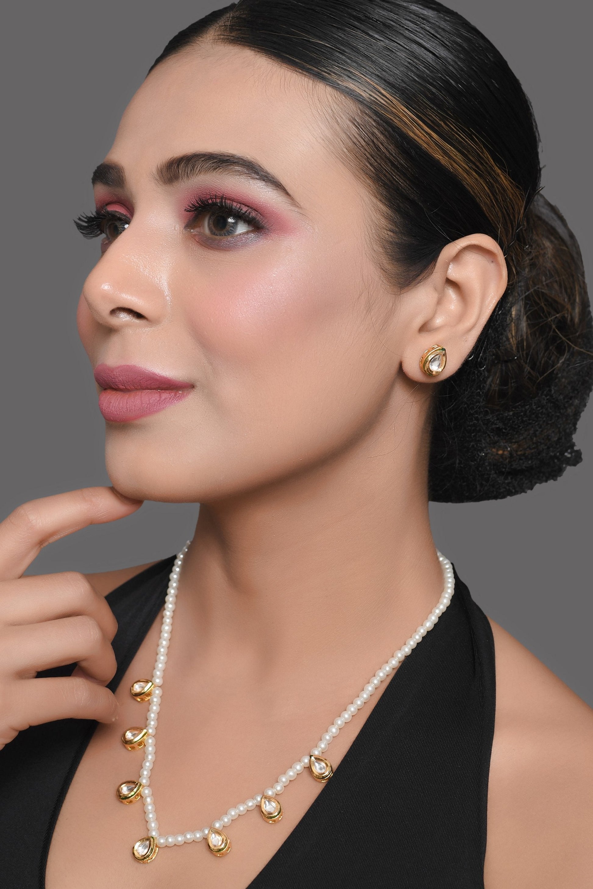 Peryl Women's Pearl Beaded Kundan Embellished Necklace With Earrings - Grab2buy