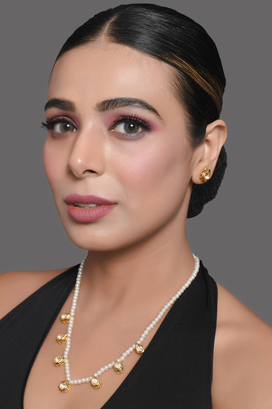 Peryl Women's Pearl Beaded Kundan Embellished Necklace With Earrings - Grab2buy