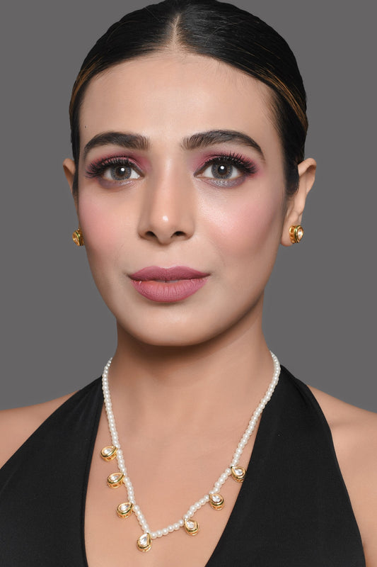 Peryl Women's Pearl Beaded Kundan Embellished Necklace With Earrings - Grab2buy