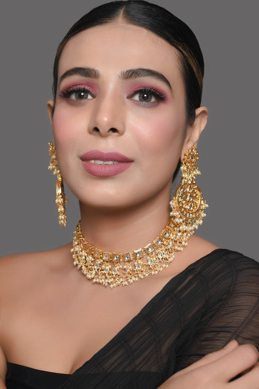 Peryl Women's Gold Tone Kundan Necklace With Earrings - Grab2buy