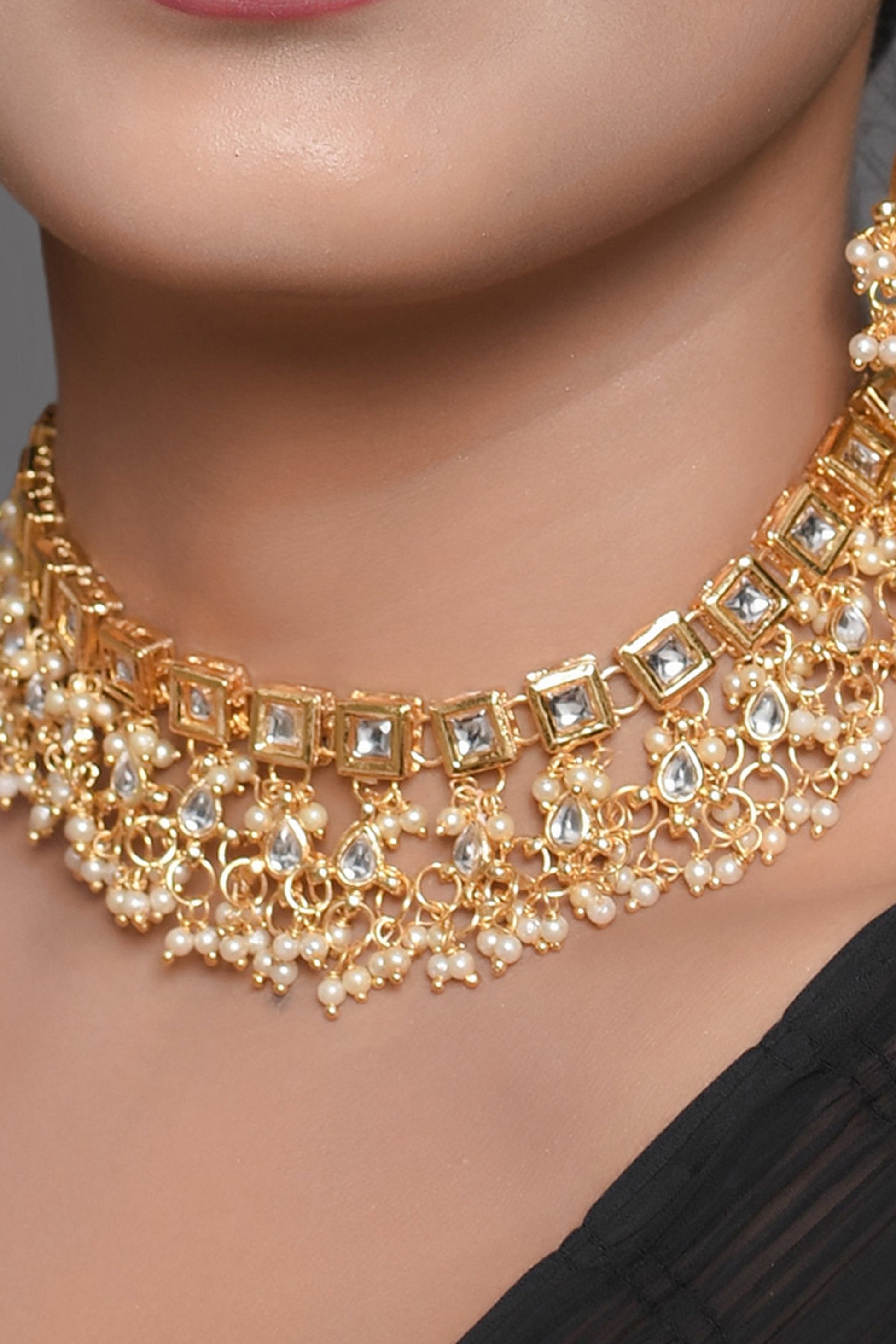 Peryl Women's Gold Tone Kundan Necklace With Earrings - Grab2buy