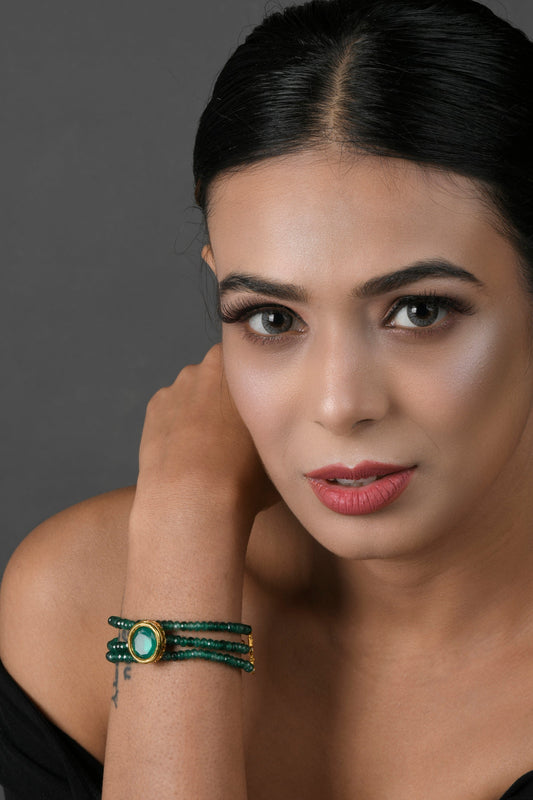 Peryl Women's Green Gold Toned Kundan Bracelet 