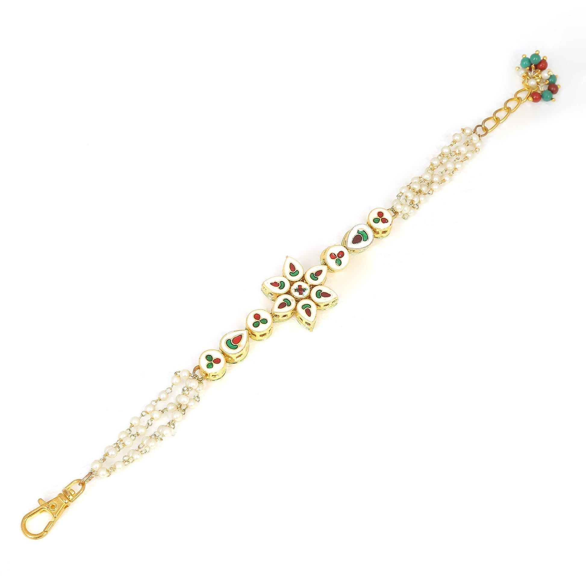Peryl Women's Floral Kundan Gold Tone Bracelet With Multicolor Beads 