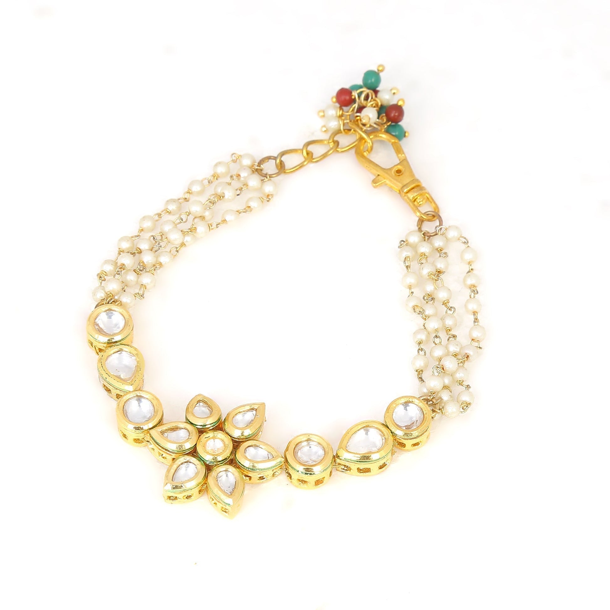 Peryl Women's Floral Kundan Gold Tone Bracelet With Multicolor Beads 