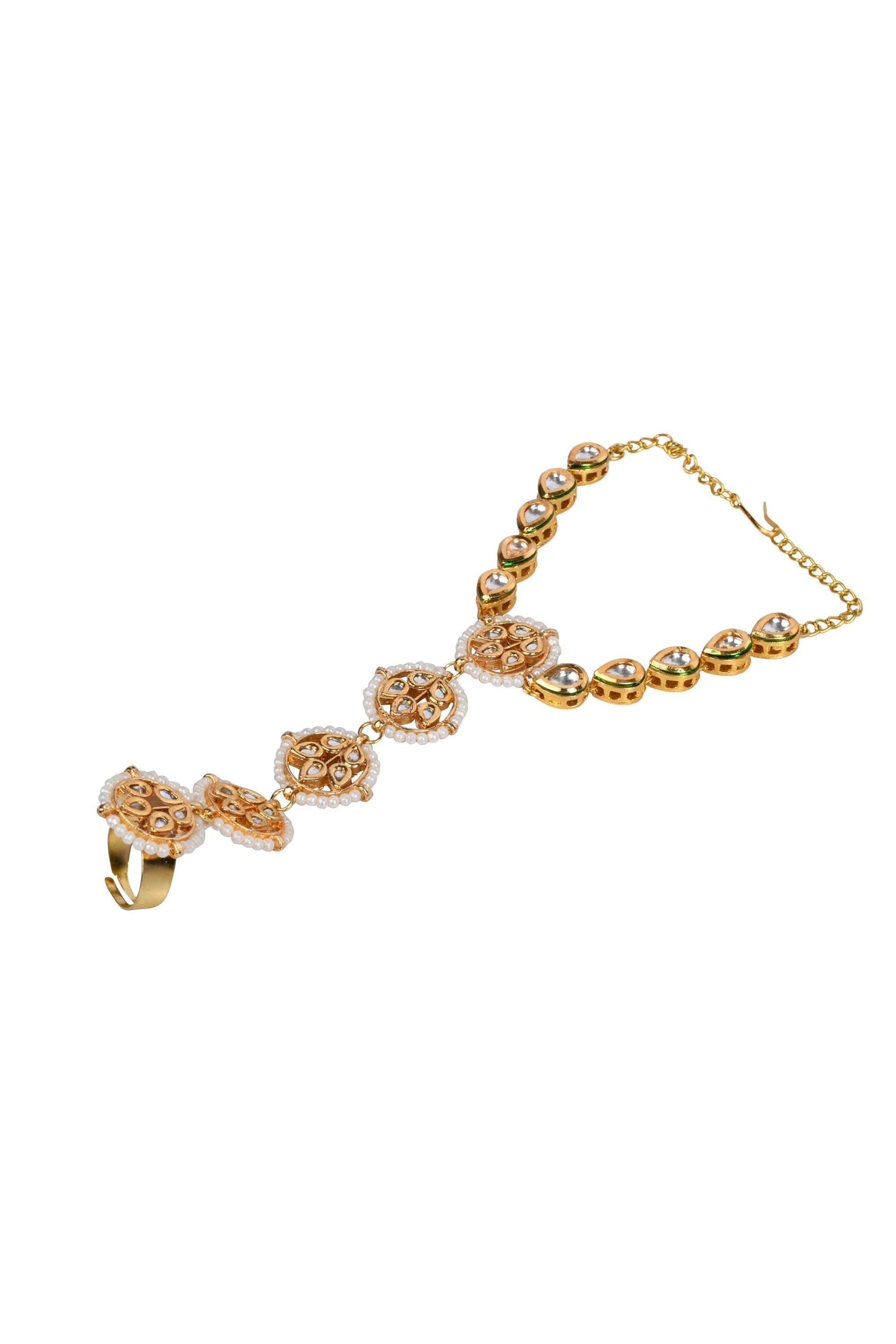 Peryl Women's Gold Tone Kundan Haathphool With Pearls 