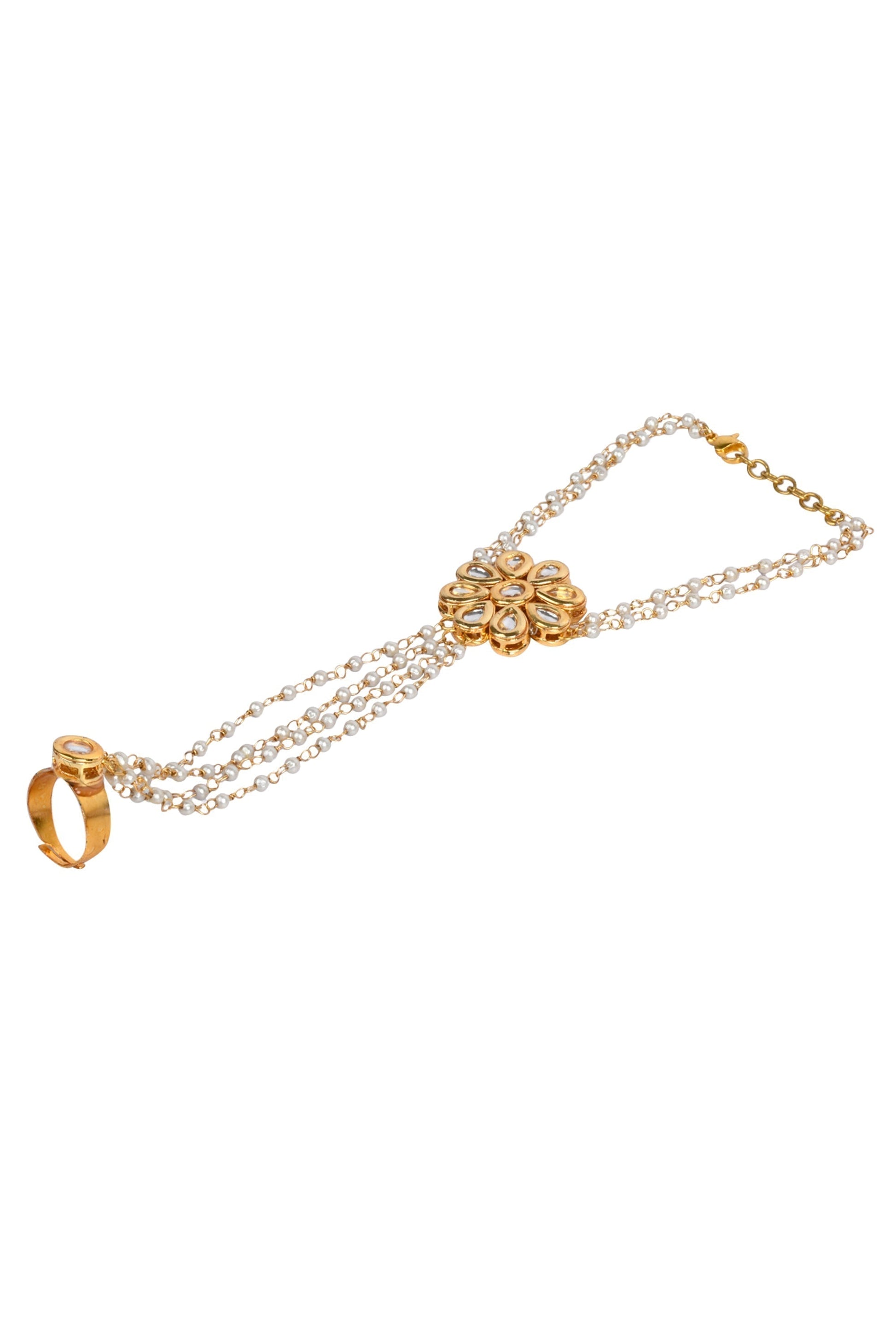 Peryl Women's Gold Tone Floral Kundan Haathphool With Pearls 