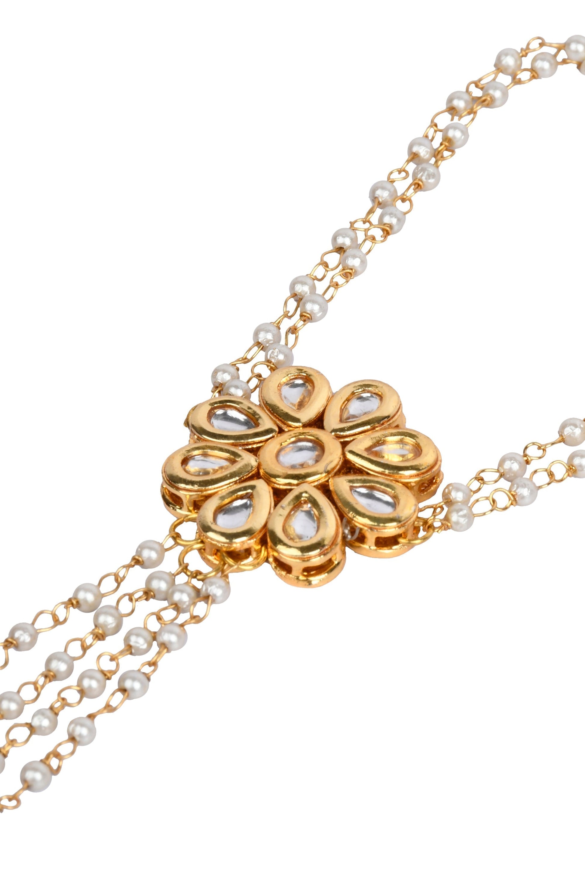 Peryl Women's Gold Tone Floral Kundan Haathphool With Pearls 