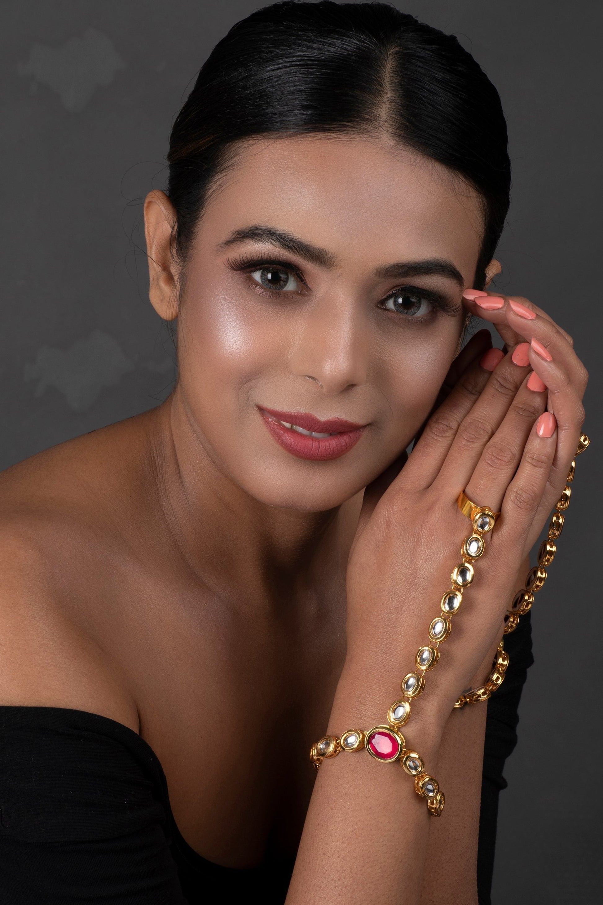 Peryl Women's Red Gold Toned Royal Kundan Hathphool 