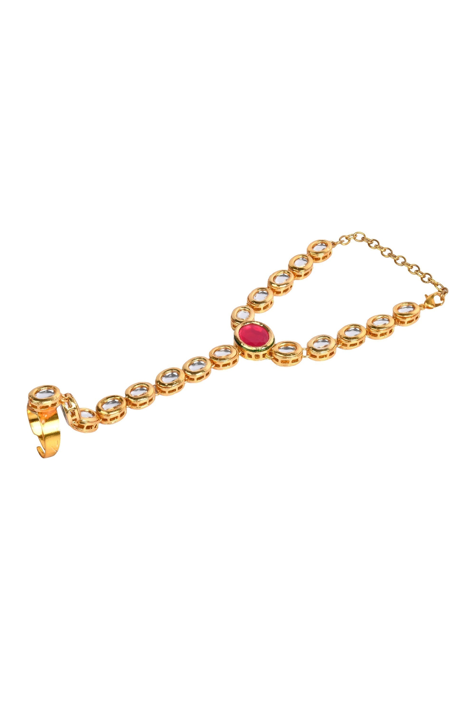 Peryl Women's Red Gold Toned Royal Kundan Hathphool 