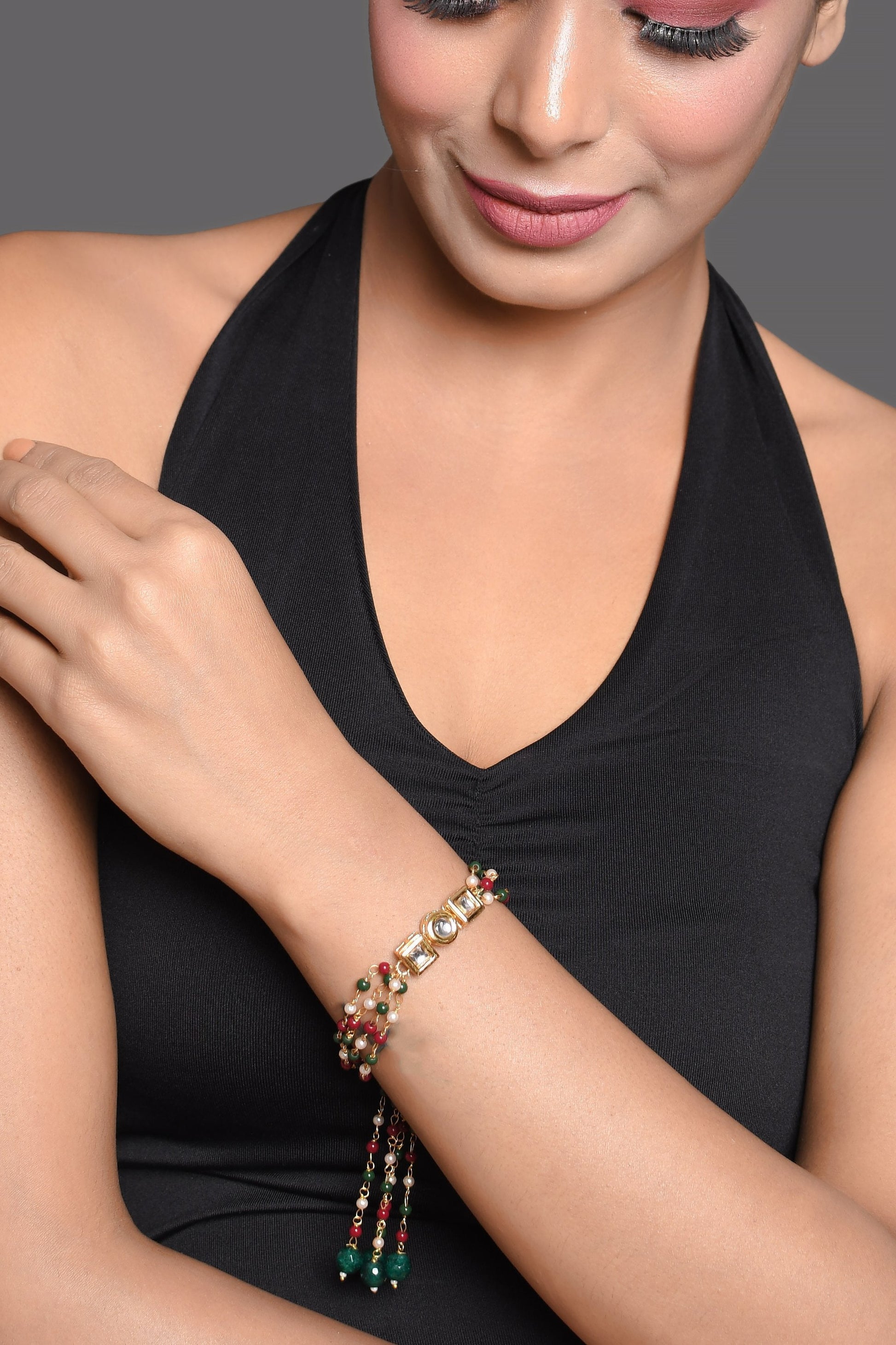Peryl Women's Red Green Beaded Gold Tone Kundan Bracelet 