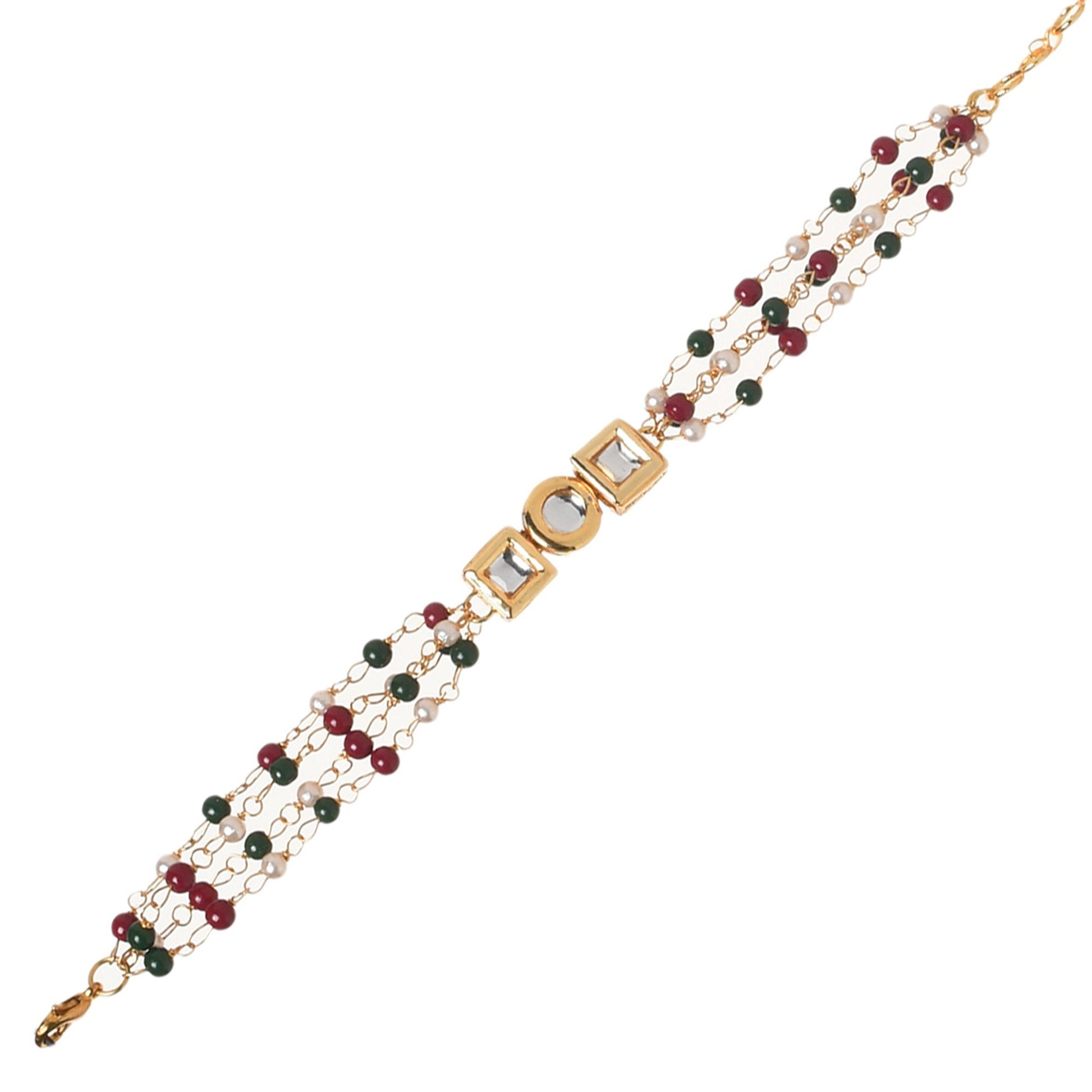 Peryl Women's Red Green Beaded Gold Tone Kundan Bracelet 