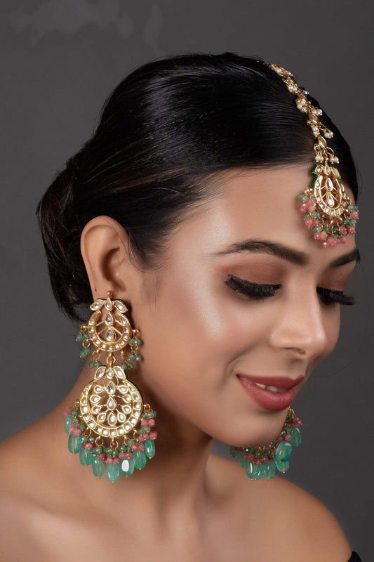 Peryl Women's Pink Green Gold Tone Kundan Inspired Maang Tikka With Earrings - Grab2buy