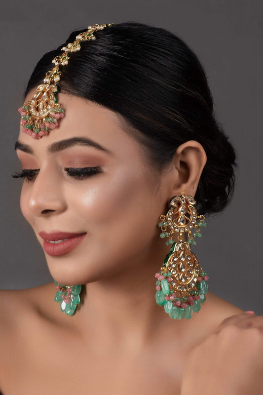 Peryl Women's Pink Green Gold Tone Kundan Inspired Maang Tikka With Earrings - Grab2buy