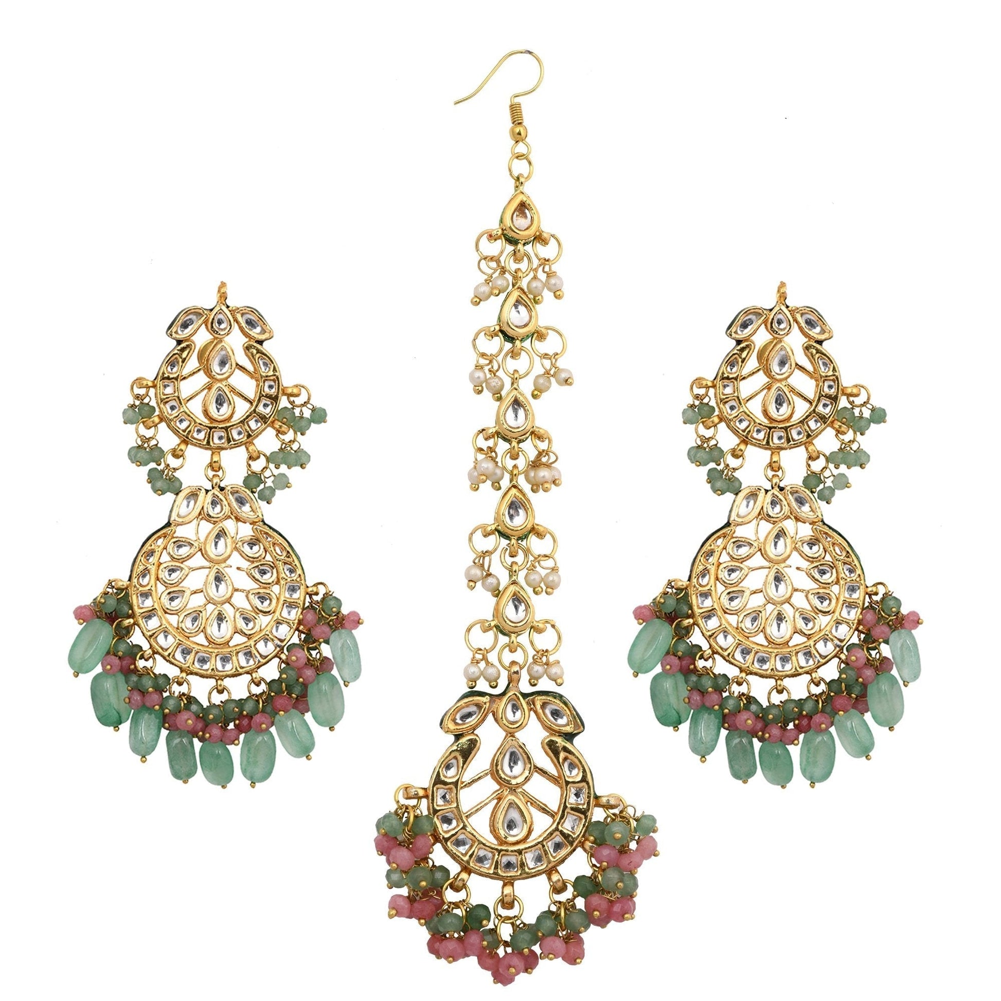 Peryl Women's Pink Green Gold Tone Kundan Inspired Maang Tikka With Earrings - Grab2buy