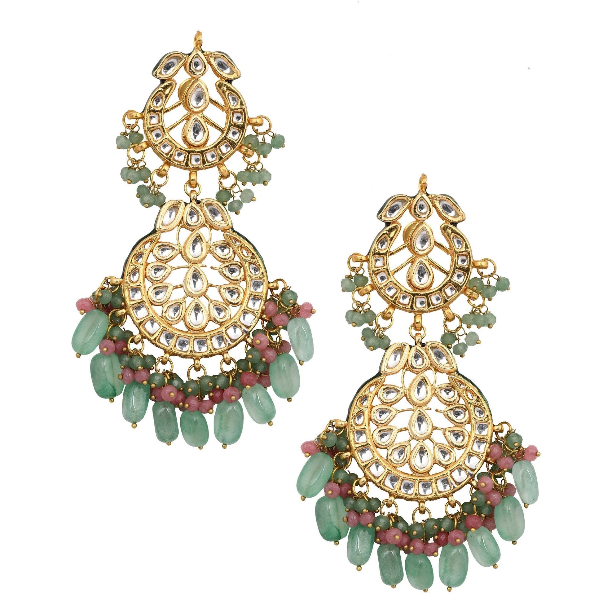 Peryl Women's Pink Green Gold Tone Kundan Inspired Maang Tikka With Earrings - Grab2buy