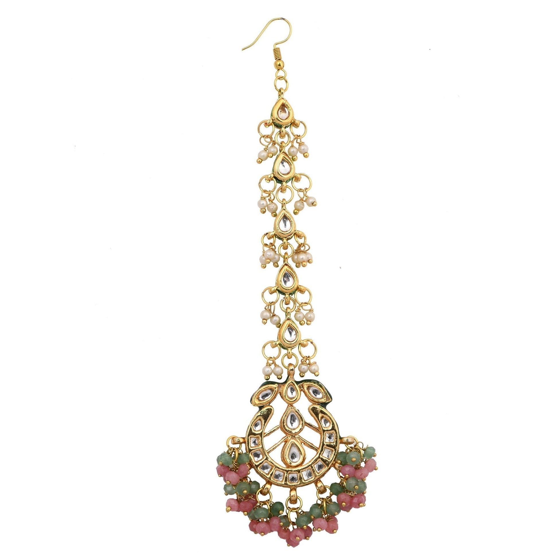 Peryl Women's Pink Green Gold Tone Kundan Inspired Maang Tikka With Earrings - Grab2buy