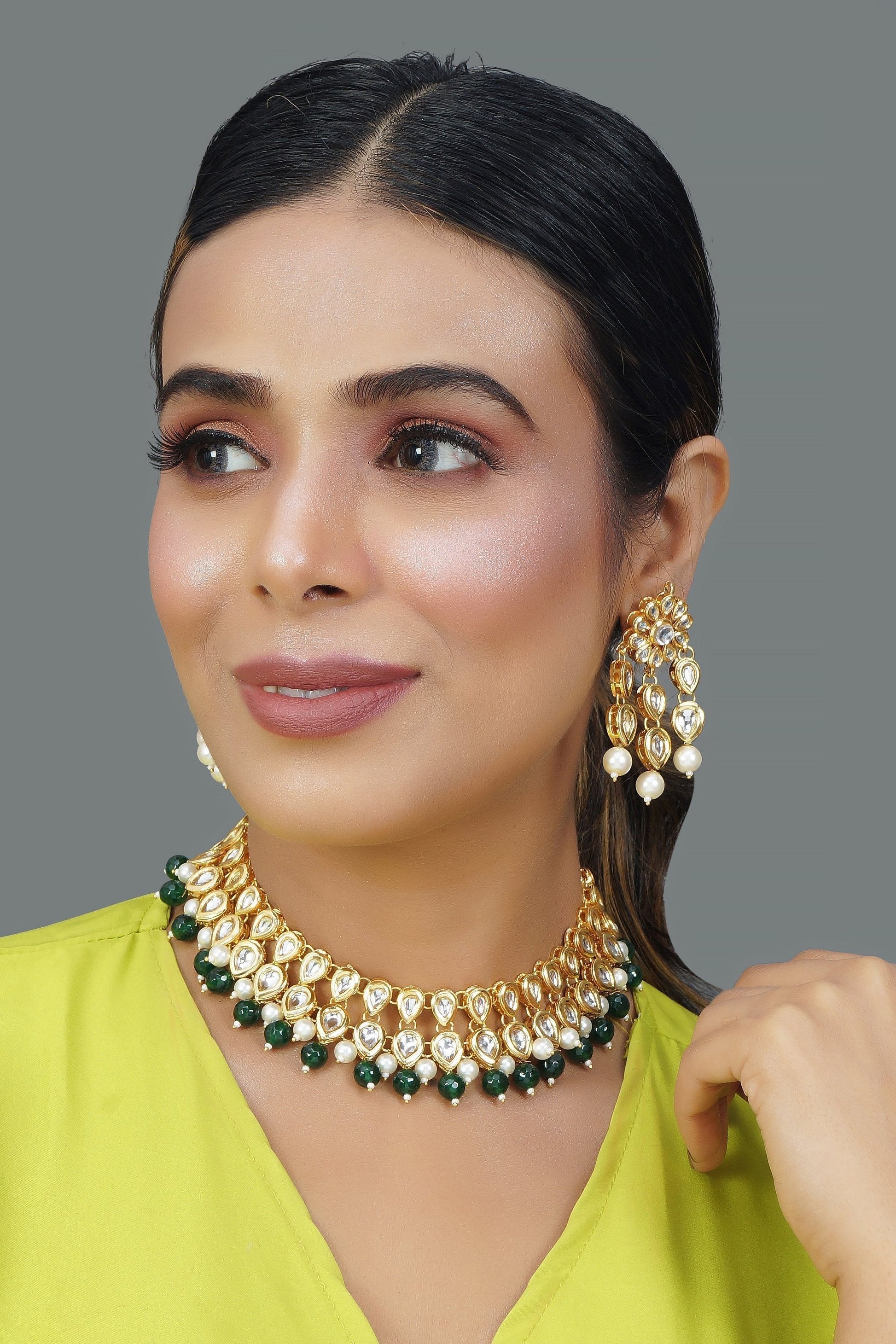 Peryl Women Beaded Kundan Necklace With A Pair Of Earrings(2 Pc Set) - Grab2buy