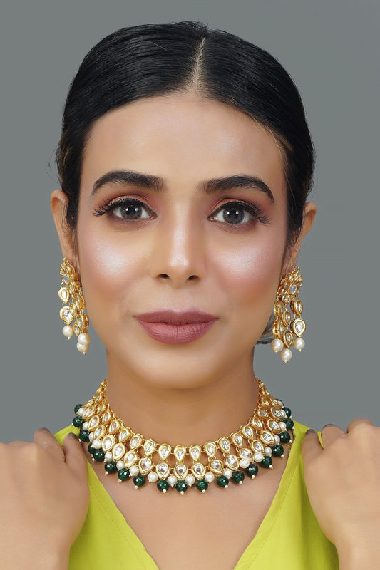 Peryl Women Beaded Kundan Necklace With A Pair Of Earrings(2 Pc Set) - Grab2buy