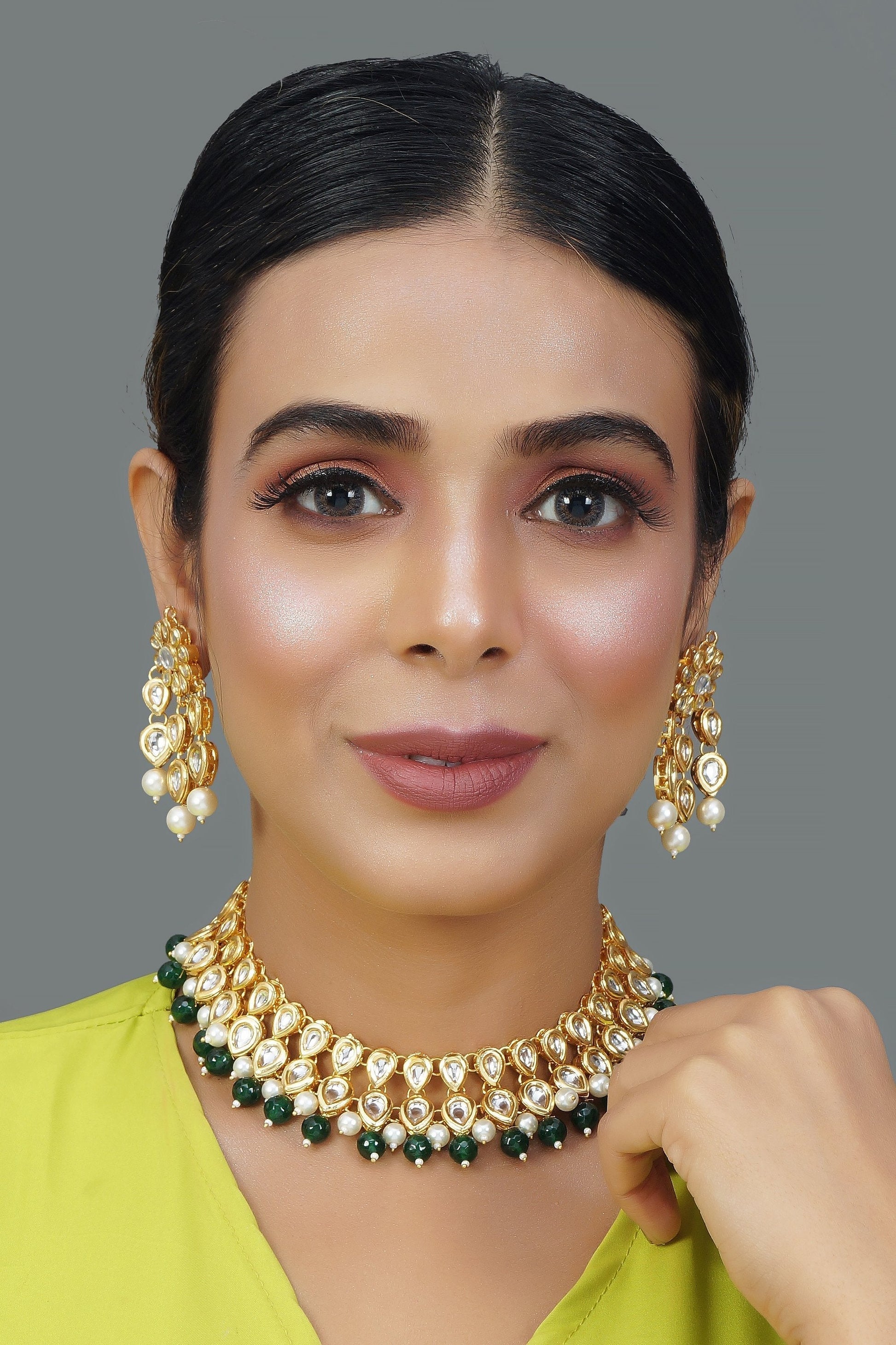 Peryl Women Beaded Kundan Necklace With A Pair Of Earrings(2 Pc Set) - Grab2buy