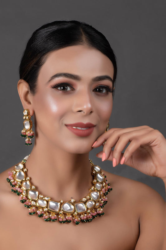 Peryl Women's Pink Green Gold Tone Kundan Necklace With Earrings - Grab2buy