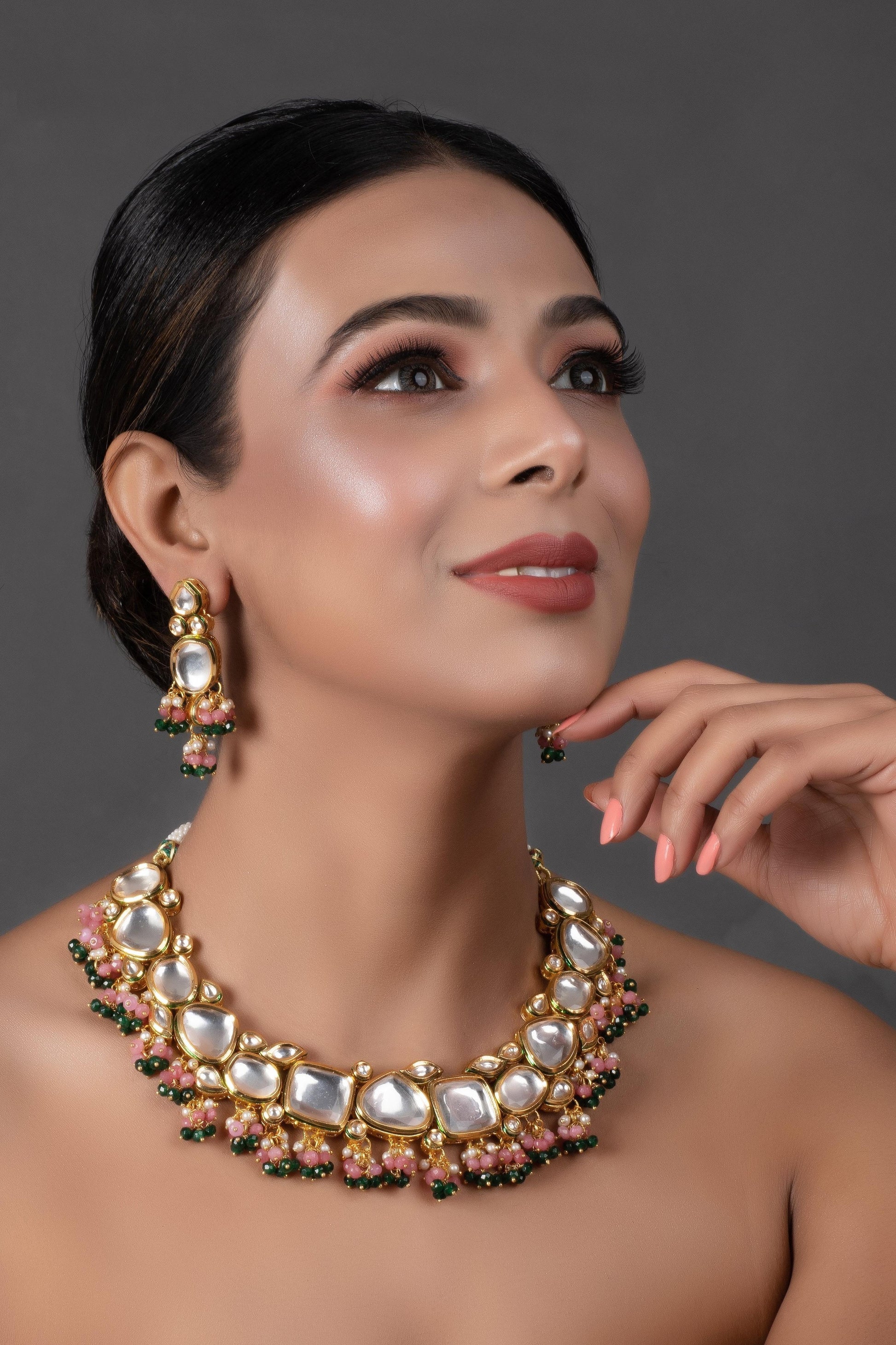 Peryl Women's Pink Green Gold Tone Kundan Necklace With Earrings - Grab2buy