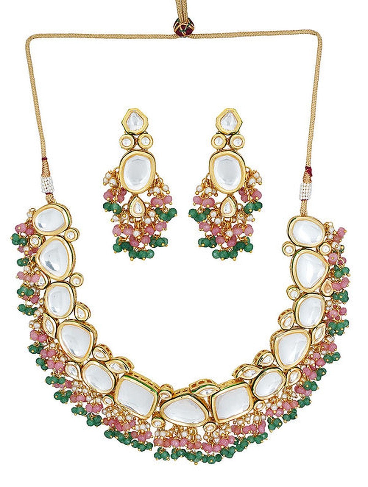 Peryl Women's Pink Green Gold Tone Kundan Necklace With Earrings - Grab2buy