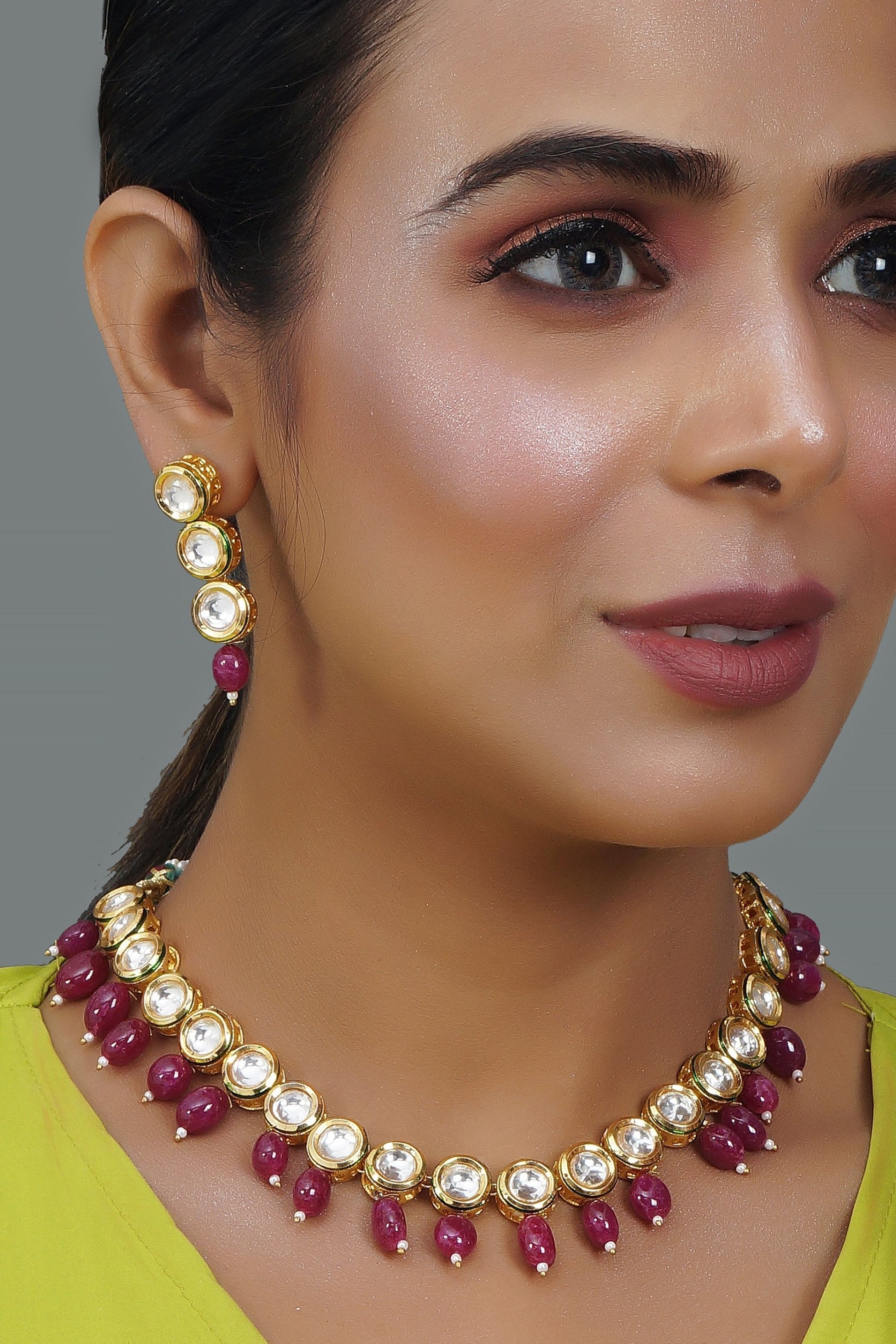 Peryl Women Gold Tone Kundan Necklace With Earrings(2 Pc Set) - Grab2buy