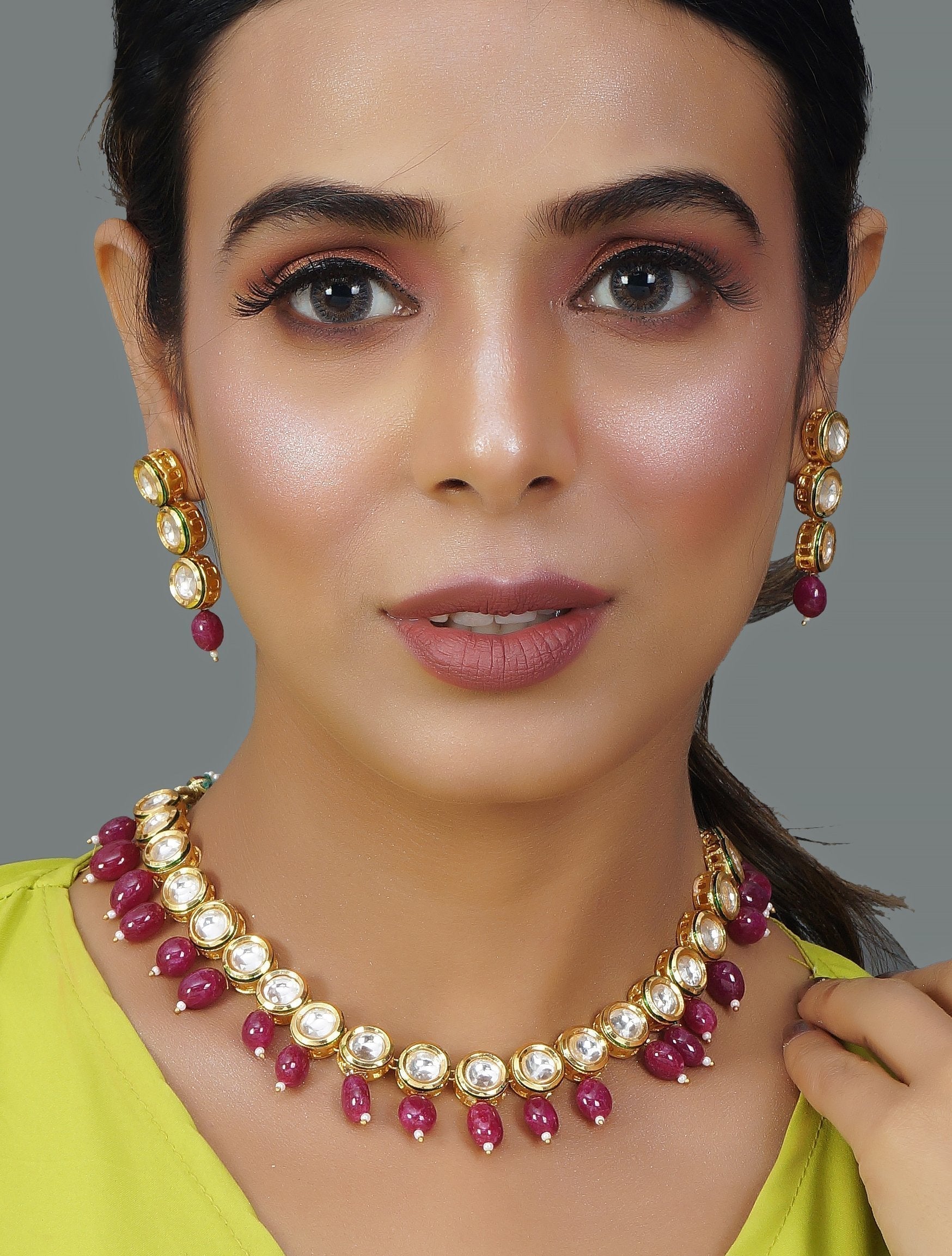 Peryl Women Gold Tone Kundan Necklace With Earrings(2 Pc Set) - Grab2buy