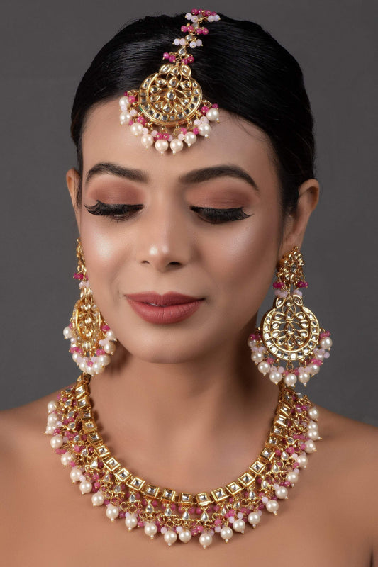 Peryl Women's Pearl & Pink Beaded Gold Tone Kundan Inspired Necklace With Earrings And Maang Tikka - Grab2buy