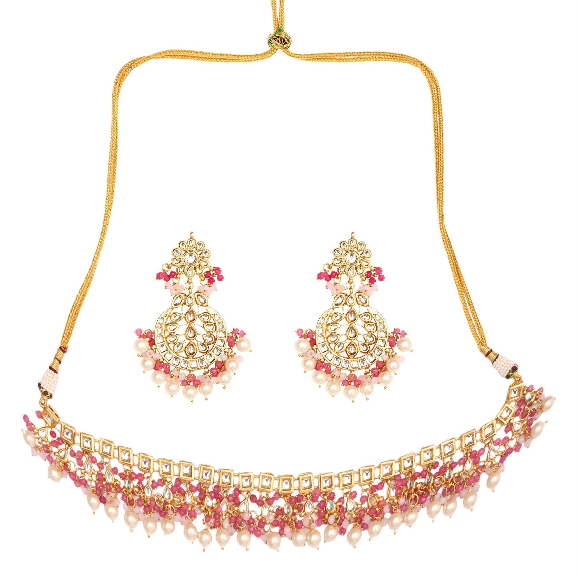 Peryl Women's Pearl & Pink Beaded Gold Tone Kundan Inspired Necklace With Earrings And Maang Tikka - Grab2buy