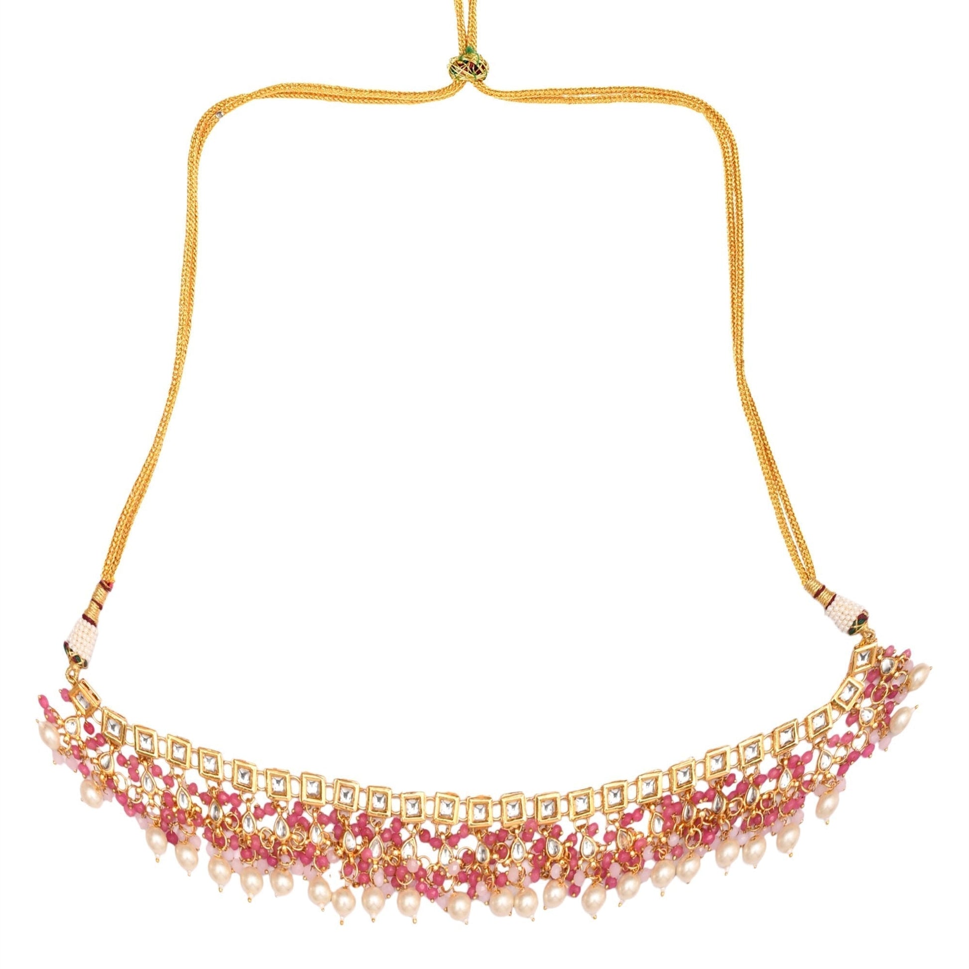 Peryl Women's Pearl & Pink Beaded Gold Tone Kundan Inspired Necklace With Earrings And Maang Tikka - Grab2buy