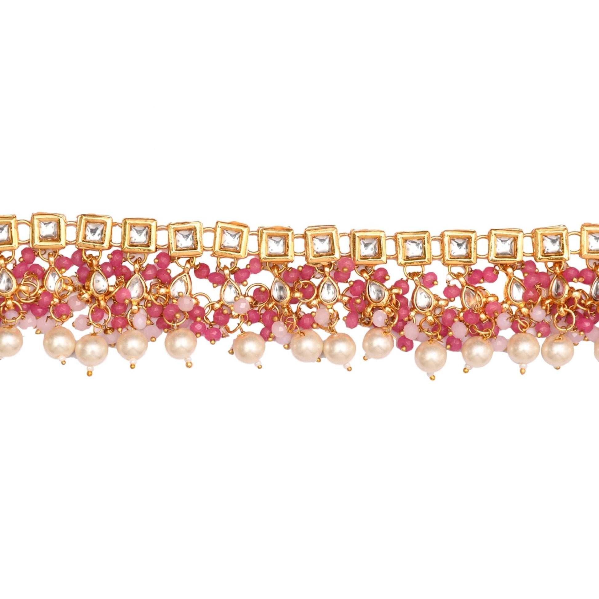 Peryl Women's Pearl & Pink Beaded Gold Tone Kundan Inspired Necklace With Earrings And Maang Tikka - Grab2buy