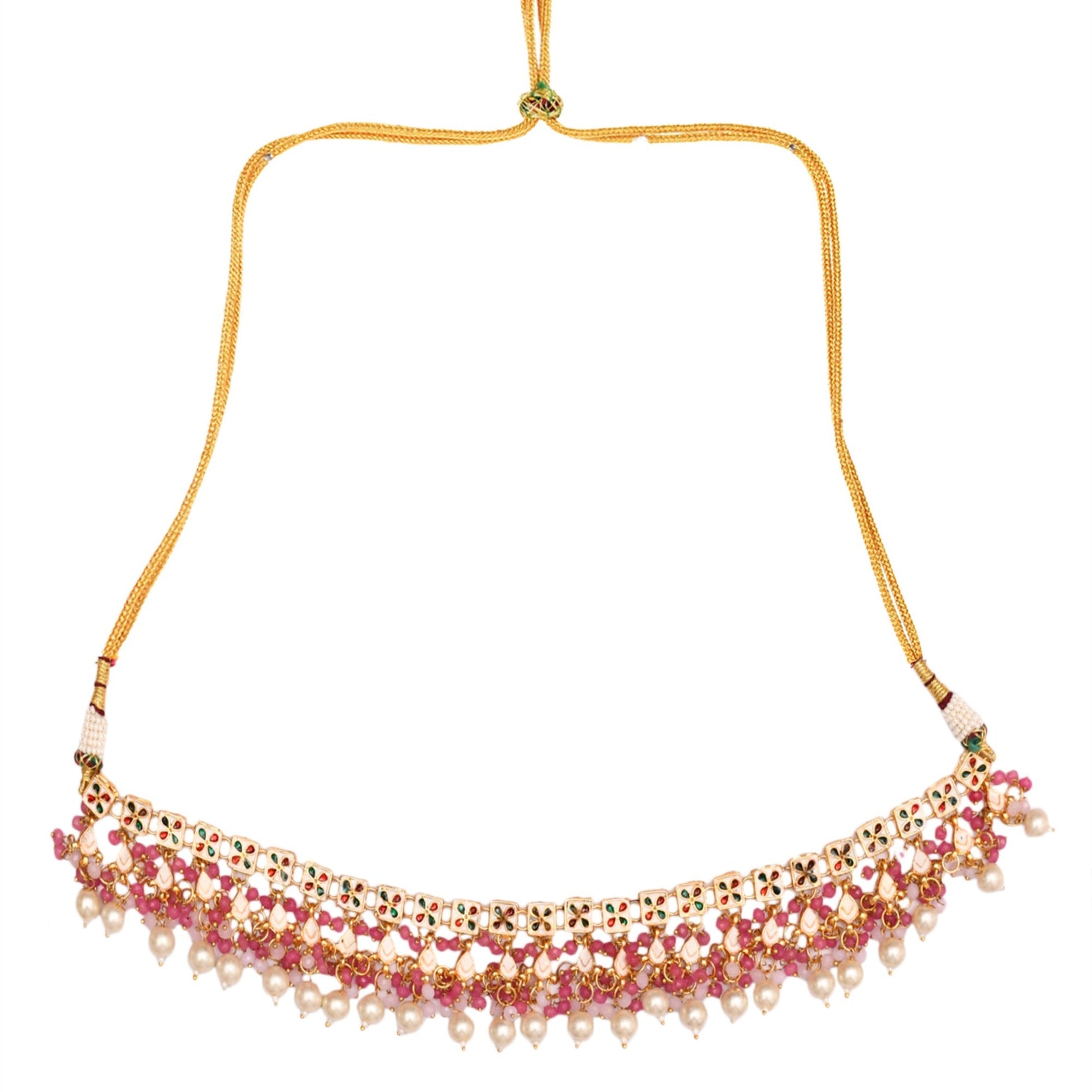 Peryl Women's Pearl & Pink Beaded Gold Tone Kundan Inspired Necklace With Earrings And Maang Tikka - Grab2buy