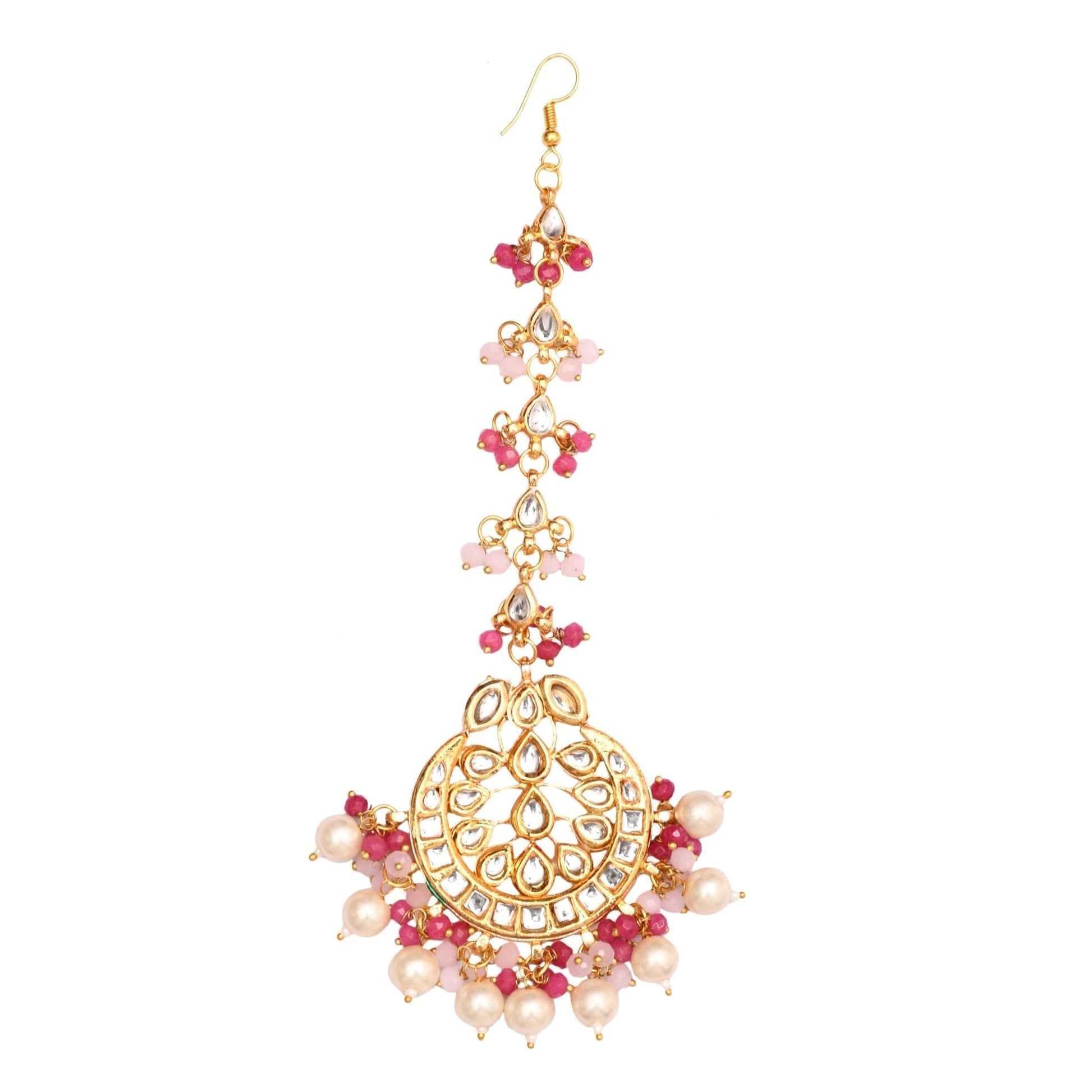Peryl Women's Pearl & Pink Beaded Gold Tone Kundan Inspired Necklace With Earrings And Maang Tikka - Grab2buy