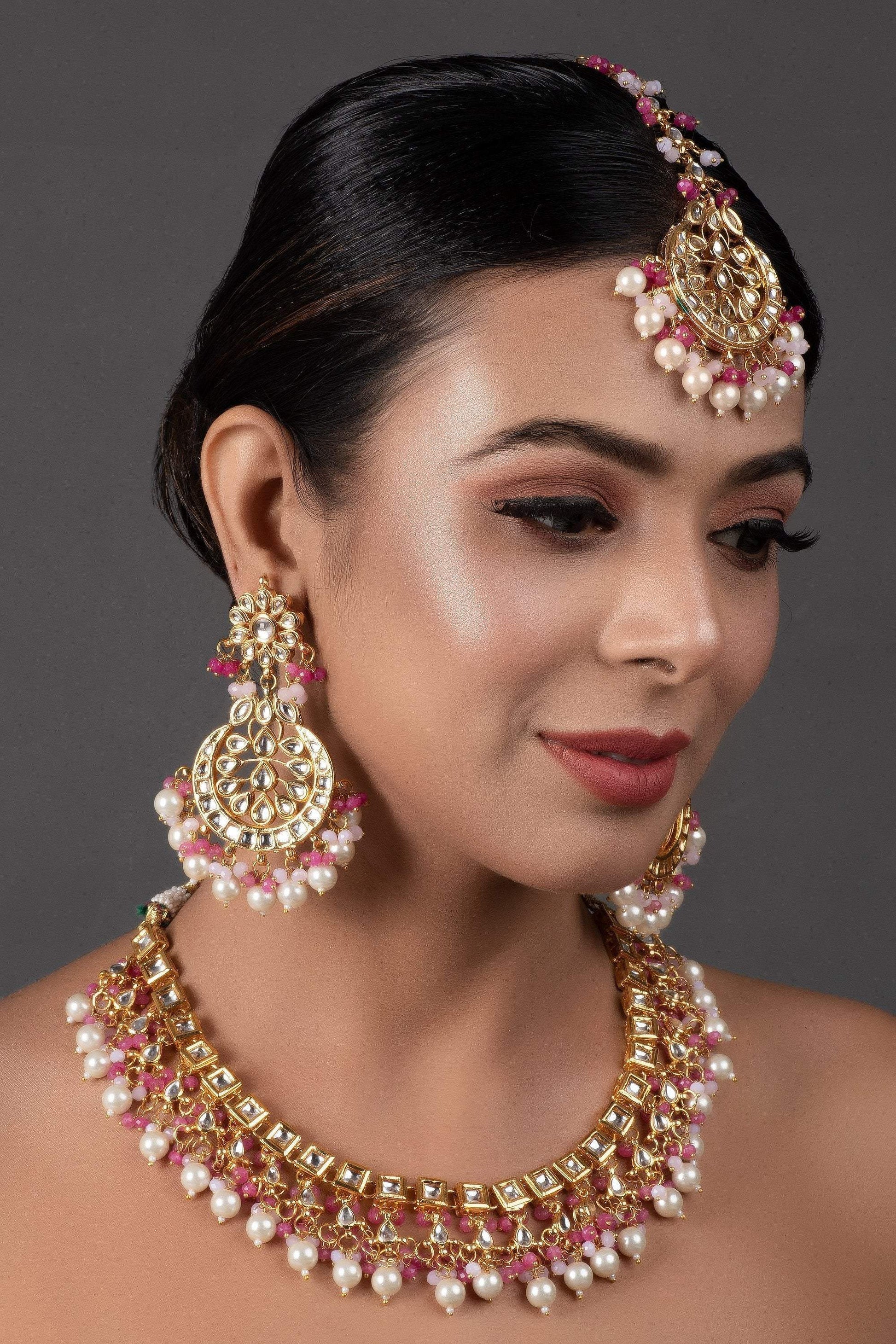 Peryl Women's Pearl & Pink Beaded Gold Tone Kundan Inspired Necklace With Earrings And Maang Tikka - Grab2buy