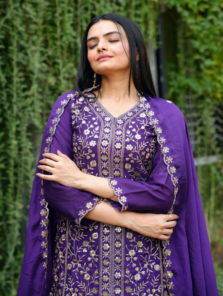 Lehenga Mart Designer Chinon Sharara Suit With Sequence Embroidered Work - Blue