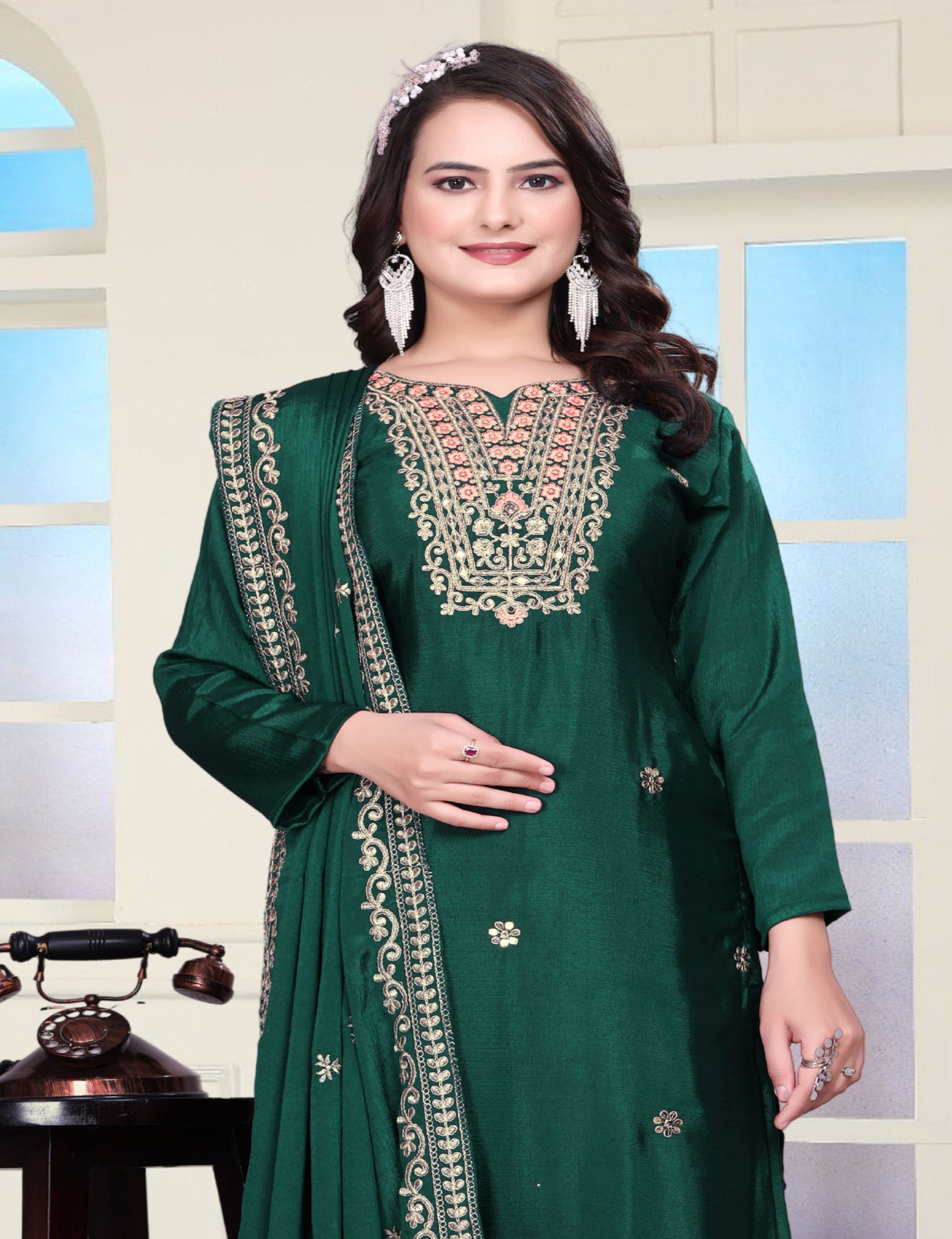 Lehenga Mart Designer Chinon Sharara Suit With Coding Sequence Embroidered Work - Green