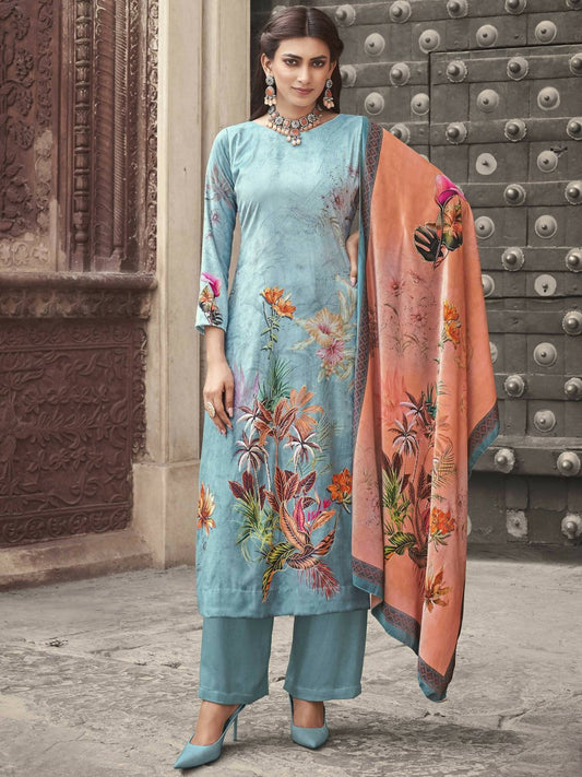 Aastha Fashion Women's Sky Blue Velvet Floral Digital Printed Kurta with Trouser & Dupatta - Grab2buy