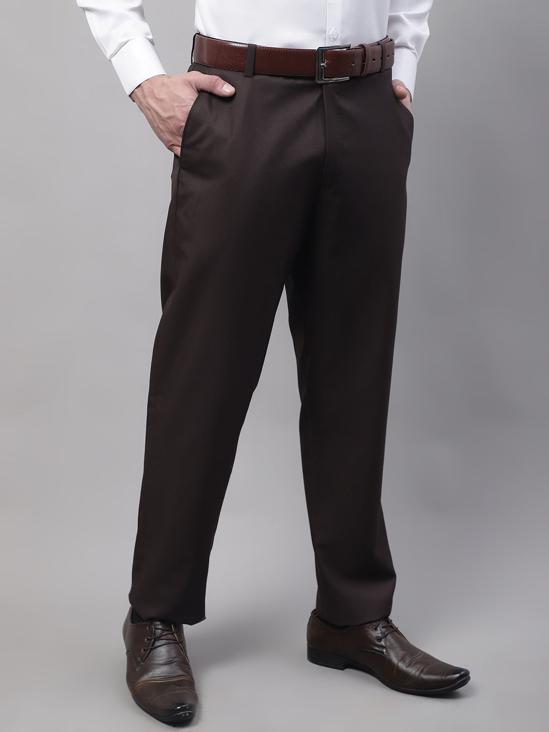 Jainish Men's Coffee Tapered Fit Formal Trousers 