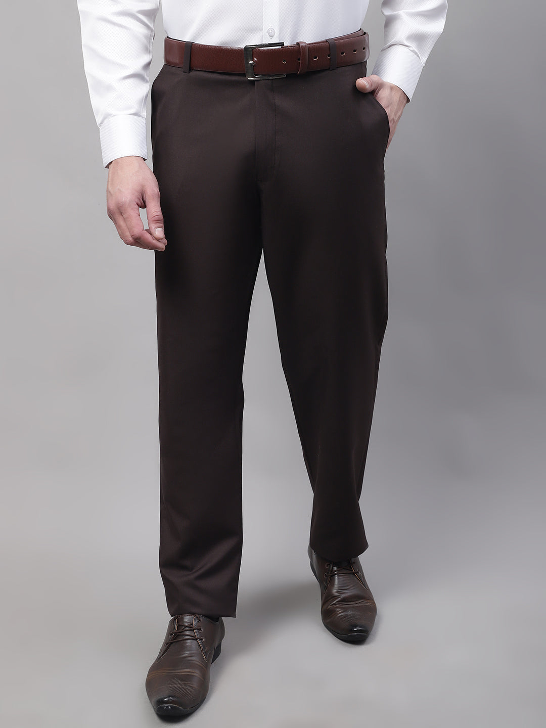 Jainish Men's Coffee Tapered Fit Formal Trousers 