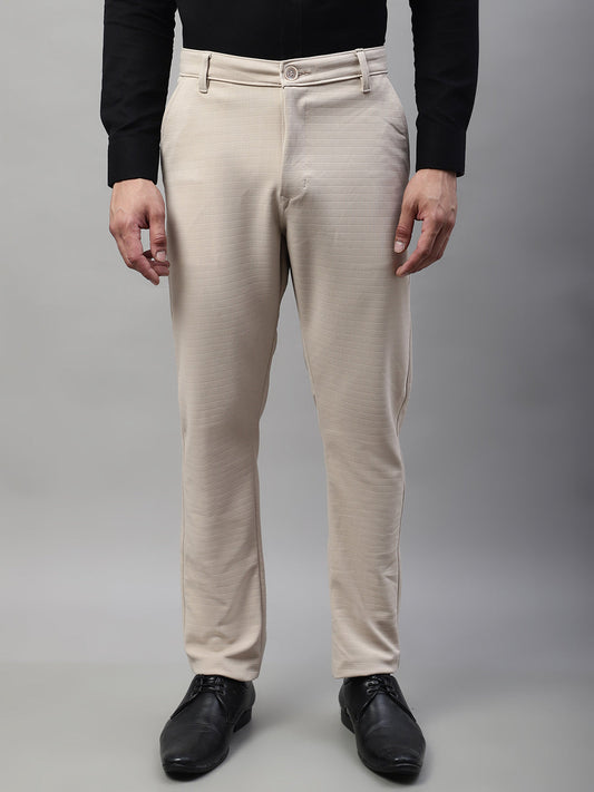 Jainish Men's Cream Tapered Fit Formal Trousers 