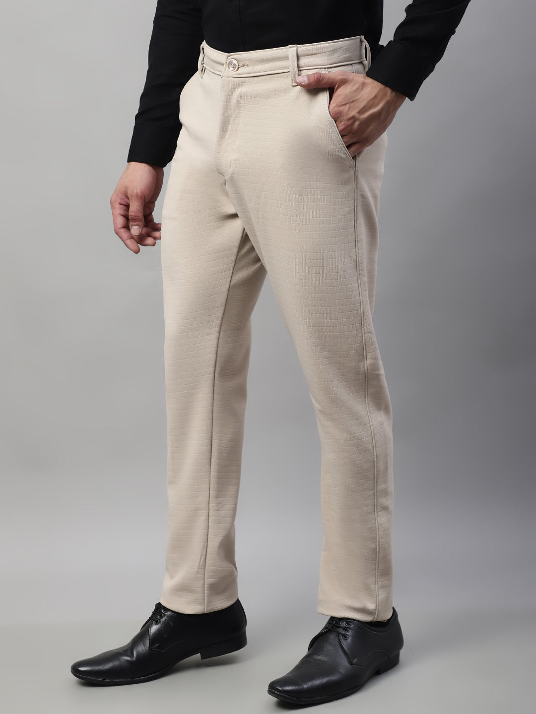 Jainish Men's Cream Tapered Fit Formal Trousers 