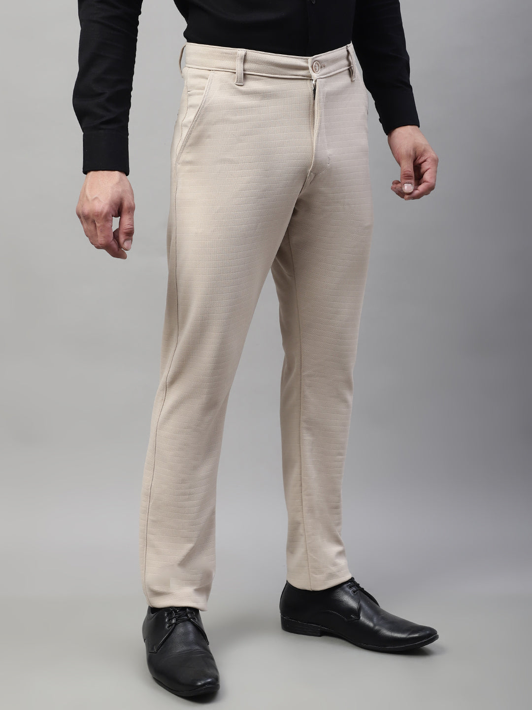 Jainish Men's Cream Tapered Fit Formal Trousers 